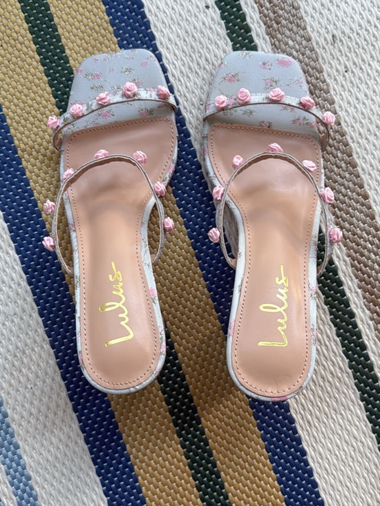 Lulus Shoes - Lulu's Light Blue Floral Slide Sandals with Pink Rosettes